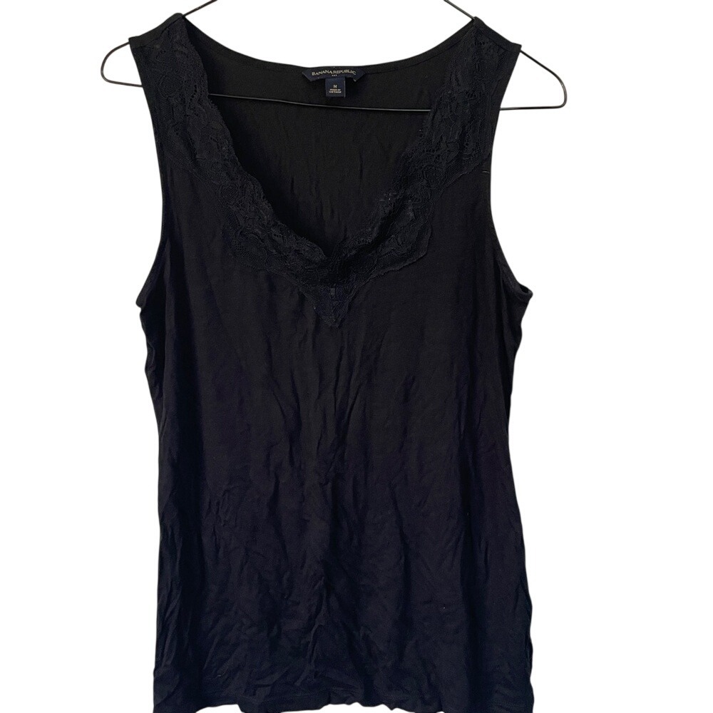 Banana‎ Republic Womens Black Lace Trim V-Neck Tank Top Sleeveless Shirt Size M